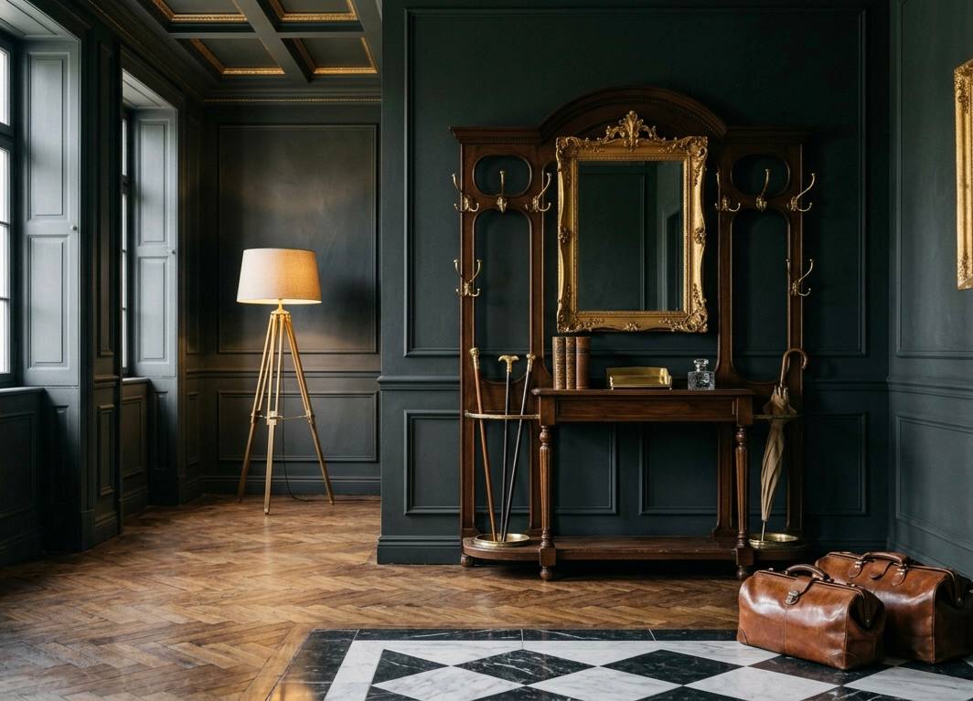 Dark panelled entrance hall with Victorian oak hall stand, herringbone floor, and gilt mirror