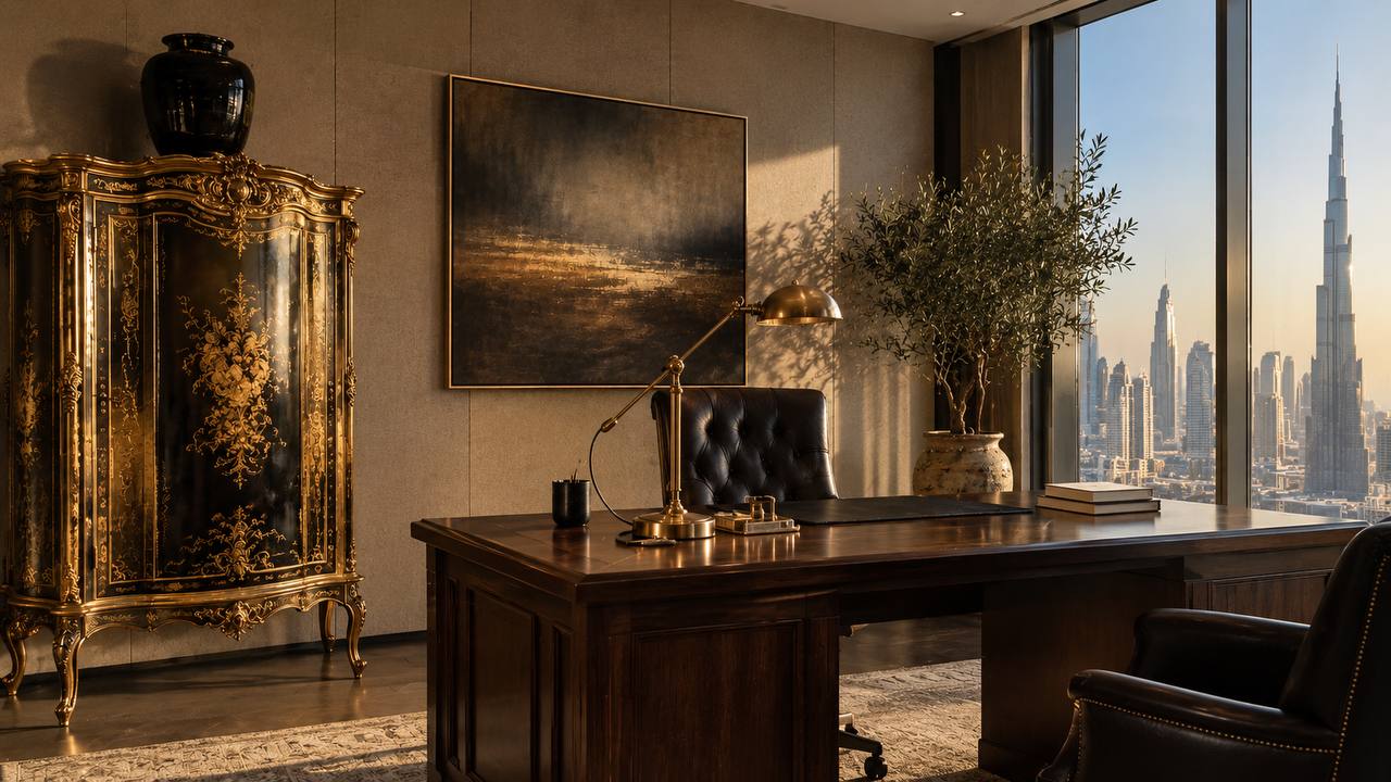 Luxury executive office with baroque cabinet, Dubai skyline and Burj Khalifa visible through floor-to-ceiling windows