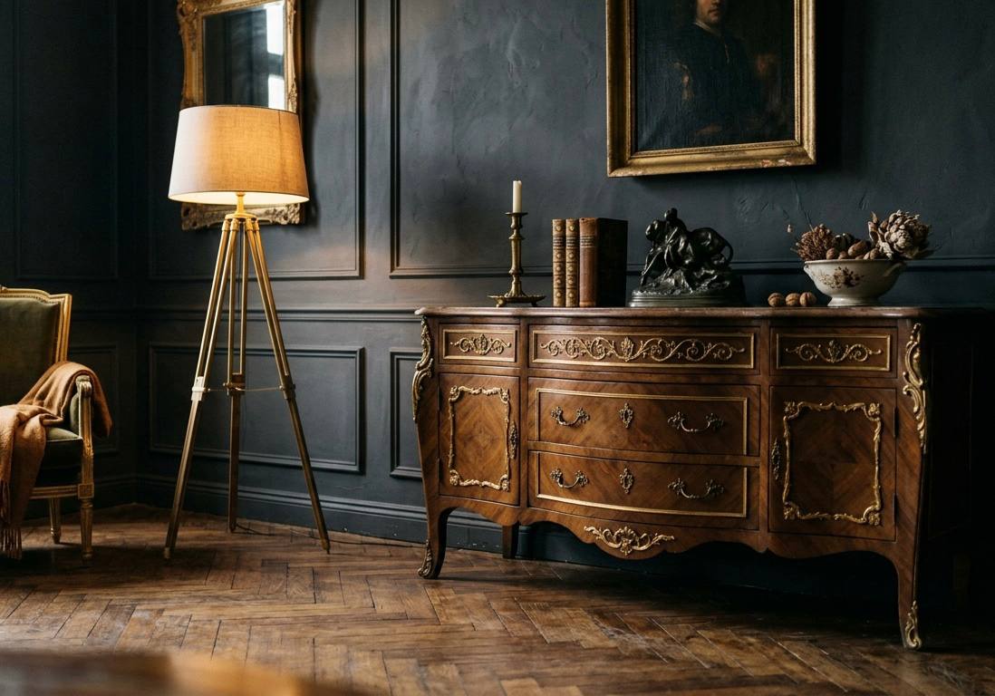 French Louis XV commode with gilt ormolu mounts in a dark panelled room with herringbone floor and portrait painting