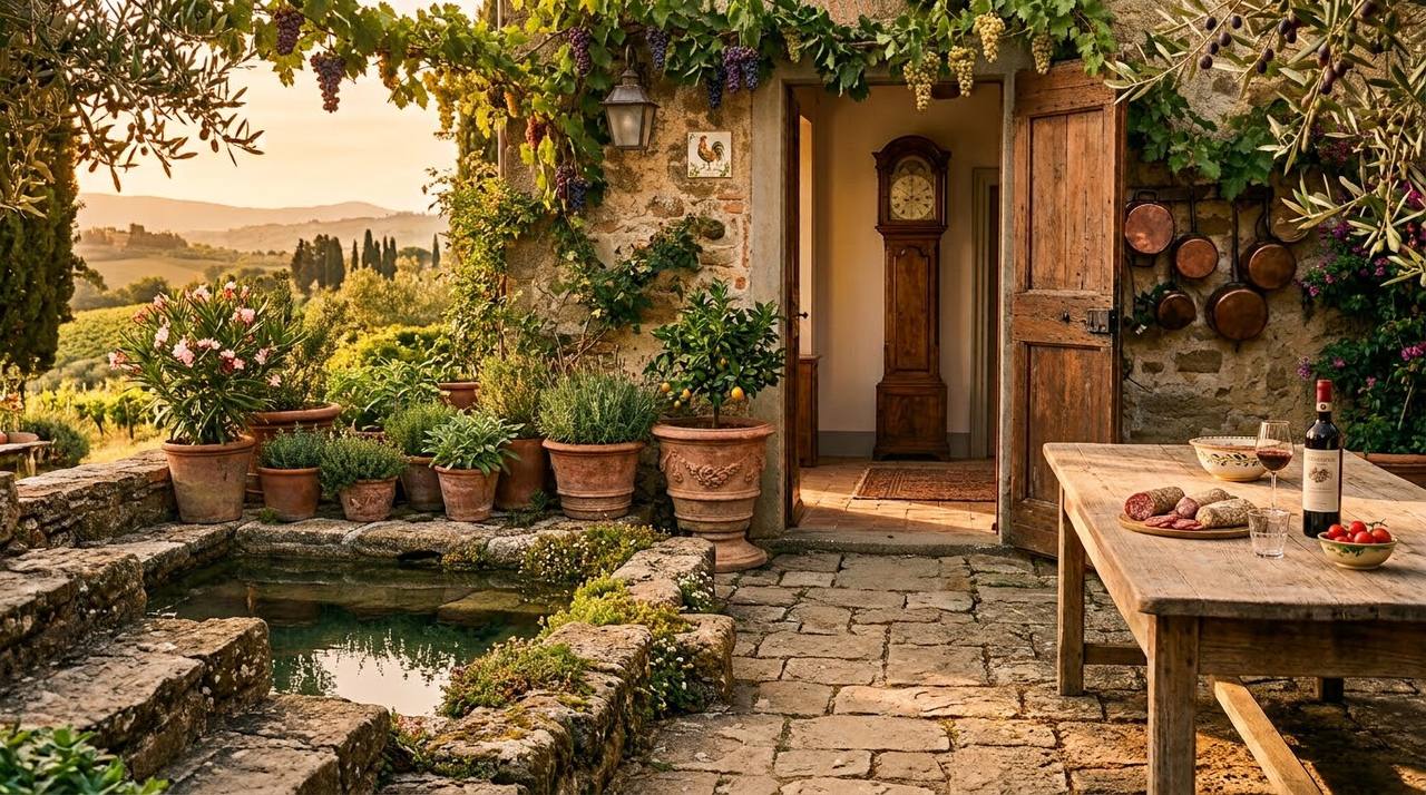 Tuscan farmhouse terrace with antiques
