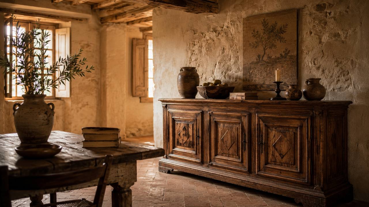 Provencal interior with antique wooden sideboard, terracotta floors, and exposed wooden beams